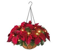 MOTUZP 12 Inch Artificial Hanging Christmas Basket, Silk Flower with Flowerpot Center,Decorated with Poinsettia and LED Light String, Fake Floral Arrangement Ornaments Xmas Holiday (Red)