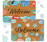 Moucuny 2 Pcs Summer Door Mat Hello Summer Welcome Mat Coir Coastal Outdoor Rugs Flamingo Beach Hawaiian Holiday Decorative Doormat Starfish Shell Entrance Rugs for Porch Patio Stairs (Starfish)