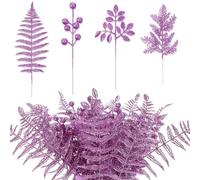 Moucuny 40 Pcs Christmas Glitter Artificial Picks Set Leaf Sprays Cedar Picks Glitter Berries Stems Tropical Leaf Pine Needles Christmas Stems Branches for Tree Vase Home(Purple)