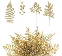 Moucuny Christmas Glitter Artificial Picks Set Leaf Sprays Cedar Picks Glitter Berries Stems Tropical Leaf Pine Needles Xmas Stems Branches for Christmas Tree Vase Home (Gold,80 Pcs)
