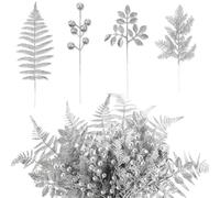 Moucuny Christmas Glitter Artificial Picks Set Leaf Sprays Cedar Picks Glitter Berries Stems Tropical Leaf Pine Needles Xmas Stems Branches for Christmas Tree Vase Home(Silver,80 Pcs)