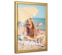 MOUDAMION 12x16 Wood Picture Frame Gold, Ornate Natural 16x12in Frame, Modern Golden 12 x 16 inch Gallery Wall Photo Poster Frame with HD Plexiglass, Horizontal Vertical Wall Mounting Display 1pcs