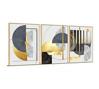MOUDAMION 3Pcs Gold Canvas Wall Art Decor, Nordic Luxury Geometric Abstract Grey Black and Gold Framed Painting Poster Print for Living Room, Marble Wall Painting for Bedroom Dining Room 12x16 inch