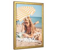 MOUDAMION Wood 9x12 Frame Gold, Ornate Natural 12x9in Poster Picture Frame, Modern Golden 9 x 12inch Gallery Wall Photo Frame with HD Plexiglass, Horizontal Vertical Wall Mounting Display 1pcs