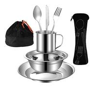 MOUFIER Outdoor Camping Cutlery Set Stainless Steel Tableware Mess Kit Includes Plate Bowl Cup Spoon Fork Knife in Mesh Bags for Camping Backpacking & Hiking for 1 Person, Silver (M028)