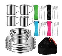 MOUFIER Outdoor Camping Cutlery Set Stainless Steel Tableware Mess Kit Includes Plate Bowl Cup Spoon Fork Knife in Mesh Bags for Camping Backpacking & Hiking for 4 Person