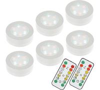 MOUJUCHI Under Cabinet Lights,6 Pack LED Closet Lighting Battery Powered with Remote Control LED Puck Lights Adjustable Brightness for Wall Closet Cabinet Stairs Drawer Battery Operated（White