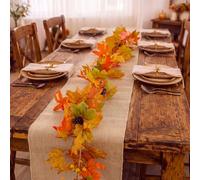 Moukeren 2 Pcs Fall Burlap Table Decoration Set 12 x 108 Inch Table Runner with 6 ft Fall Maple Leaf Garland Pine Cones Berries Artificial Autumn Thanksgiving Decor for Home Wedding Farmhouse Party