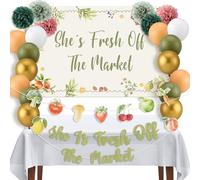 Moukeren 24 Pcs She's Fresh off the Market Bridal Shower Decorations Farmer Market Bridal Shower Backdrop Decor Fruit Vegetable Themed Banner Balloon Paper Pom Pom Wreath for Wedding Party Supplies