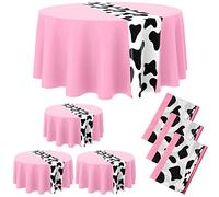 Moukeren 3 Pcs Cow Tablecloth for Party Round Cow Table Cover Print Runner Plastic Tablecloth Birthday Party Decorations for Home Dinner Picnic 84 Inch (Pink)