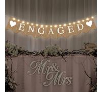 Moukeren Engagement Party Decorations Engaged Banner Heart Burlap Rustic Bunting Garland LED Fairy Lights Battery Operated String Lights for Outdoor Tree Decorations Wedding