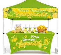 Moukeren Green 6 ft Lemonade Stand Tablecloth Stretch Spandex Table Cover and 2 x 10 ft Lemonade Sign Vinyl Banner Fresh Squeezed Lemon Stand Supplies Lemon Flag Party Table Cloths