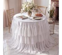 Moukeren Tiered Ruffle Round Satin Tablecloth Tulle Ruffle Tablecover 49 in Round Chiffon Tablecloth Tutu Table Skirt for Bridal Wedding Cake Sweetheart Table Champagne Tower(Lvory)