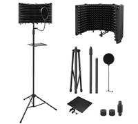 Moukey Microphone Isolation Shield with Pop Filter & Tripod Stand, Foldable Mic Shield with Triple Sound Insulation, High Density Mic Sound Shield for Recording Studio, Podcasts, Singing, Broadcasting