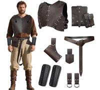 MOULIS Medieval Leather Chest Armor Set, 10 pcs Accessories Renaissance Viking Knight LARP Cosplay Armour Set with Belt Bracers Bags, Brown