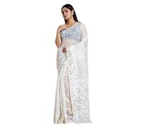 Moumita's Saree Women's Traditional Bengal Cotton Silk Soft Dhakai Jamdani Saree, White, One Size