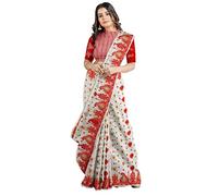 Moumita's Saree Women's Traditional Bengal Cotton Silk Soft Jamdani Saree, White Red, One size, White Red, One Size