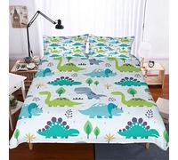 MOUMOUHOME 3D Digital Print Cartoon Dinosaur Green Blue Bedspread in Forest White Bed Duvet Cover Set Single for Kids Boys Girls 2 Pieces(1 Duvet Cover 1 Pillowcase)