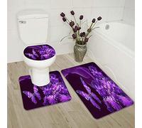 MOUMOUHOME Butterfly Rug Set Dark Purple Bath Decor for Bathroom Purple Iris Incense Mist Shiny Flowers Floral Rug, Toilet Lid Cover and Bath Mat 3D Print Rugs Non-slip 3 Pieces