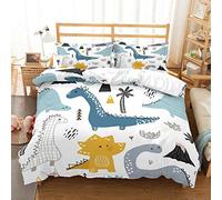 MOUMOUHOME Cartoon Dinos Boys Bedding Set King Size Blue Gray Yellow Dinosaurs Trees Volcanos Printed 3D Duvet Cover Set White for Kids 3 Pieces No Comforter