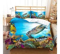 MOUMOUHOME Turtle Bedding Single Size 3D Giant Sea Turtle Underwater Fishes Coral Printed Seaworld Duvet Cover Set 2PCS(1 Duvet Cover 1 Pillowcase) for Adults,Boys and Girls,No Comforter