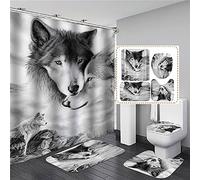 MOUMOUHOME Wolf Printed Shower Curtain Set Waterproof Bathroom Decor 3D Lonely Eyes Gray White Wolves Bathroom Set Shower Curtain with Anti-slip Toilet Lid Cover Flannel Bath Mat Rug Set 4-Piece