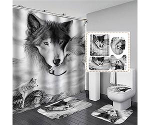 MOUMOUHOME Wolf Printed Shower Curtain Set Waterproof Bathroom Decor 3D Lonely Eyes Gray White Wolves Bathroom Set Shower Curtain with Anti-slip Toilet Lid Cover Flannel Bath Mat Rug Set 4-Piece