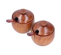 MOUMOUTEN Wooden Round Salt Pot, Retro Spice Jar Salt and Pepper Seasoning Pot with Lid and Spoon, Cooking Utensil Kitchen Tool for Sugar Tahini (2 PCS)