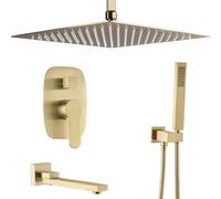 Mount Brushed Gold Bathroom Brass Ceiling 10-12 Rainfall Faucet System Mixer with Tub Taps, Luxury Shower Set,12 inch