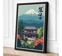 Mount Fuji and Temple Japandi Canvas Wall Art Print 18x12 Inch (46 x 30 cm)
