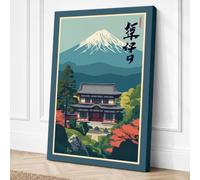 Mount Fuji and Temple Japandi Canvas Wall Art Print 36x24 Inch (91 x 61 cm)