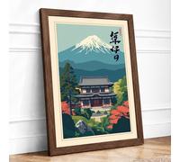 Mount Fuji and Temple Japandi Framed Wall Art Print A2 Walnut