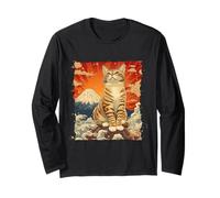 Mount Fuji Cat in Japan with Kawaii Sunset - Chill Zen Long Sleeve T-Shirt