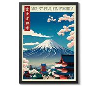 Mount Fuji, Fujiyoshida - Japan Alfonso Trufa Vintage Poster, Retro Travel Art Illustration Print, Tourism Landmark Sketch Colouful Bedroom Wall Art Home Decor, A4 (Black Frame) - 32.7x24.1cm