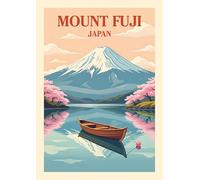 Mount Fuji Japan Vintage Travel Art Print, Cherry Blossom Lake Scene, Decorative Wall Poster. Size A4