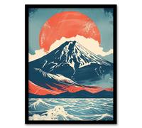 Mount Fuji Sun Japanese Bold Artwork Blue Orange Framed Art Print Artery8 Blue A4