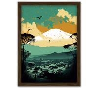 Mount Fuji Sunrise Landscape in Teal Blue and Tan Artwork Framed Wall Art Print A4 Artery8 Brown One Size