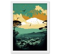 Mount Fuji Sunrise Landscape in Teal Blue and Tan Artwork Framed Wall Art Print A4 Artery8 White One Size
