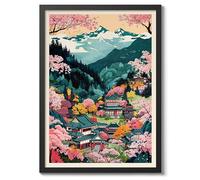 Mount Yoshino Peaks Anime Woodblock Poster Modern Ukiyo-E, Japanese Cartoon Illustration Print, Archival Matte, A3 (Black Frame) - 42x29.7cm