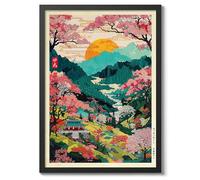 Mount Yoshino Valley Anime Woodblock Poster Modern Ukiyo-E, Japanese Cartoon Illustration Print, Archival Matte, A2 (Black Frame) - 59.4x42cm