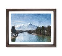 Mountain Above The Lake Painting Modern Art Framed Print | A3 Walnut Framed Wall Art | Ready to Hang | Modern Landscape Picture | Living Room Bedroom Lounge Office