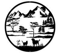 Mountain and Forest Metal Wall Art,Dog and cat Wall Decoration Silhouette Art,Rustic Wall Sculpture Hanging Home Decor for Garden Indoor Outdoor(19.7Inch)