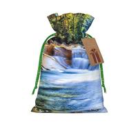 (Mountain and lake) Printed Christmas S Size Gift Bags with Green Ribbon Drawstring Candy Bags for Kids Xmas Holiday Christmas Eve Presents