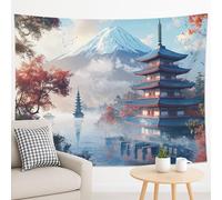 Mountain and Pagoda Blue Red Tapestry, Japanese Landscape Wall Hanging, Tranquil Tapestries Aesthetic for Living Room, Bedroom, Office 90x70 Inch