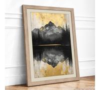 Mountain and Reflection Modern Framed Wall Art Print A2 (59.4×42cm) Oak, Wall Decor for Living Room, Bedroom, Office & Home, Ready to Hang, Art Gift