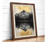 Mountain and Reflection Modern Framed Wall Art Print A4 (29.7×21cm) Walnut, Wall Decor for Living Room, Bedroom, Office & Home, Ready to Hang, Art Gift
