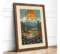 Mountain and Rising Sun Scandinavian Framed Wall Art Print A1 (84.1×59.4cm) Walnut, Wall Decor for Living Room, Bedroom, Office & Home, Ready to Hang, Art Gift