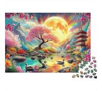 Mountain And River Flowers 1000 Pieces Smooth Edge Finish Sakura Moon Frameable Puzzle Rainy Day Activity Home Decor Vintage Inspired Zero-gap Fit 70x50cm/1000pcs
