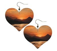 Mountain And Water At Sunset Heart Earrings Faux Leather Double Sided Drop Dangle Earrings Fashion Lightweight Jewelry Gifts For Women'S Ear Accessories