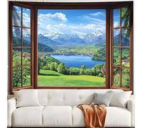 Mountain and Woods Scenery Tapestry Wall Hanging Blue Sky Through Window Large Tapestry Fabric Wall Hangings Art 3D Print Tapestries for Bedroom Living Room Home Decor 180x230 cm a-1270
